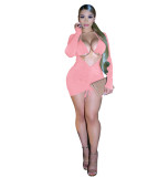 Pink Deep V Open Bust Sexy Two Piece Club Dress