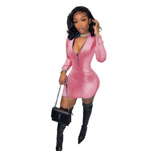 Pink Velvet Solid Zip Up Bodycon Dress