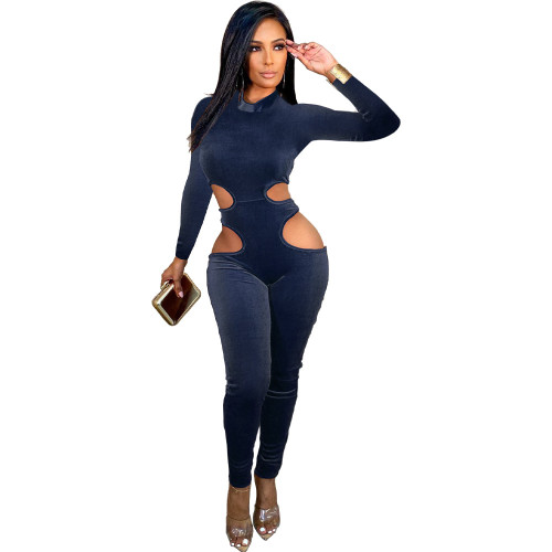 Sexy Navy Blue Velvet Hollow Out Bodycon Jumpsuit