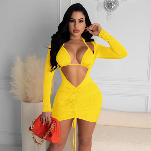 Yellow Deep V Open Bust Sexy Two Piece Club Dress