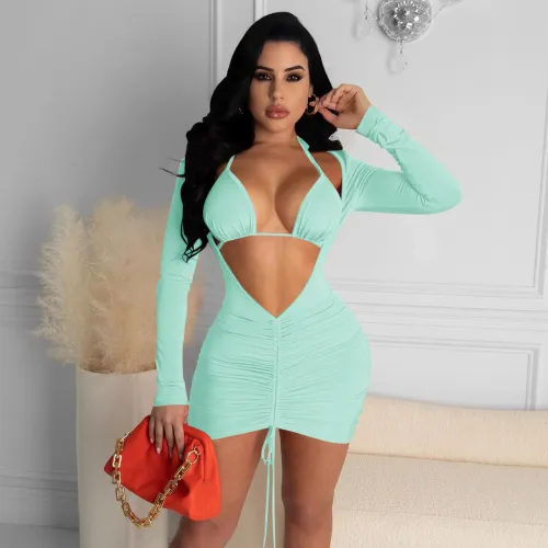 Lake Green Deep V Open Bust Sexy Two Piece Club Dress