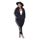 Plus Size Coffee Side Striped Two Piece Zipper Tracksuits