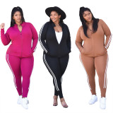 Plus Size Coffee Side Striped Two Piece Zipper Tracksuits