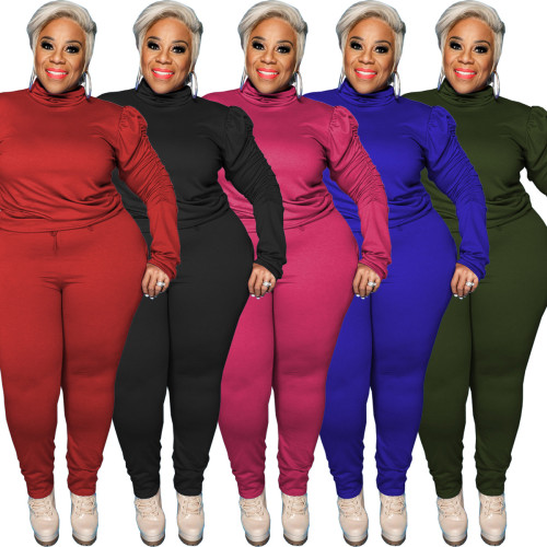 Plus Size Red Puff Sleeve Two Piece Pants Set