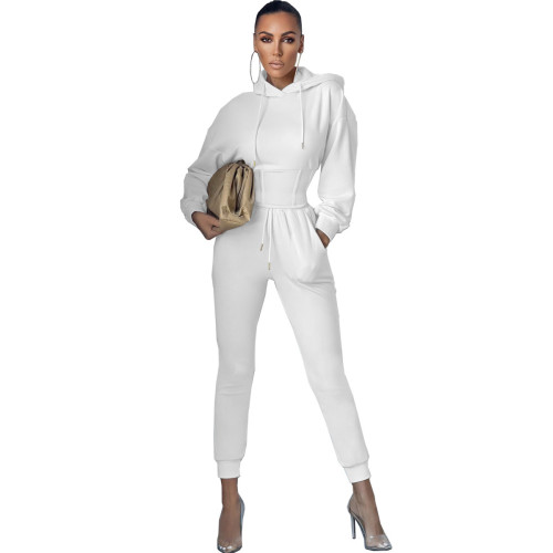 Fashion White Corset Detail Hooded Drawstring Sweatsuits