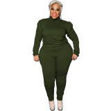 Plus Size Army Green Puff Sleeve Two Piece Pants Set