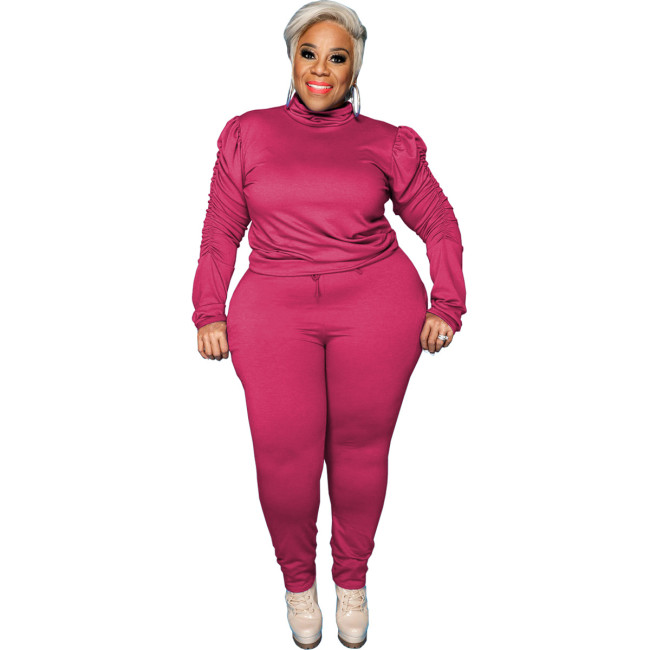 Plus Size Pink Puff Sleeve Two Piece Pants Set