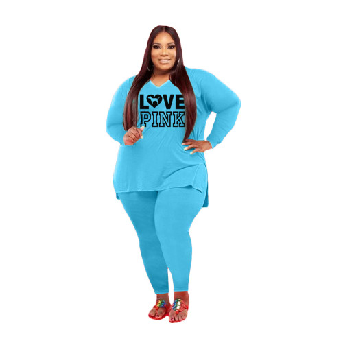 Plus Size Light Blue Print Black Two Piece Pants Set