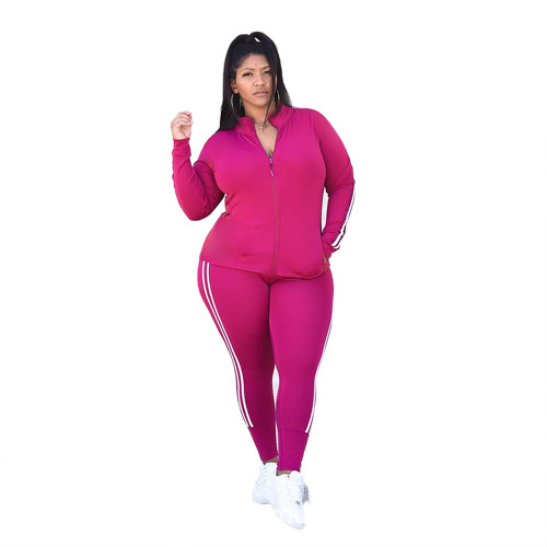 Plus Size Hot Pink Side Striped Two Piece Zipper Tracksuits