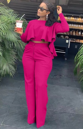 Rose Flounce Long Sleeves Crop Top and High Waist Pant Two Piece Set