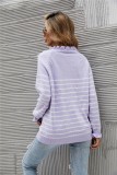Light Purple Stripe Ruffled Collar Button Long Sleeve Sweater Top