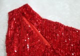 Red Sequin One shoulder Sleeveless Cut Out Sheath Maxi Dress