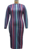 Plus Size Mulitcolor Stripe Print Round Neck Fitted Long Dress