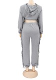 Grey Long Sleeves Tassel Hoody Crop Top and Pants Two Piece Set