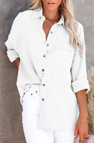 White Pocket Button Up Long Sleeves Blouse