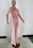 White Piping Pink Velvet Long Sleeve Zip Crop Top and Tight Flared Pants Two Piece Set