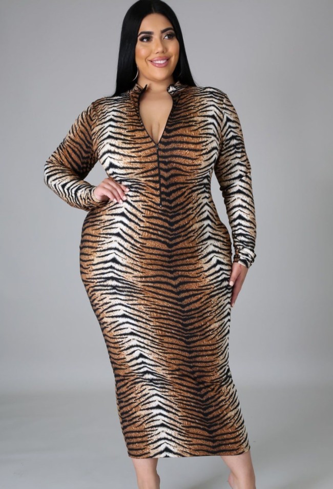 Plus Size Tiger Stripe Print Zipped Up Long Sleeve Fitted Long Dress