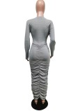 Grey Cut Out Ruched Twist Long Sleeves O-Neck Midi Bodycon Dress