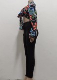 Floral Knotted Long Sleeve Crop Top and Black Pant Two Piece Set