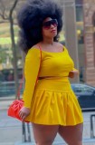 Plus Size Yellow Long Sleeve Crop Top and Pleated Skirt Two Piece Set