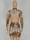 Leopard Print Long Sleeve Backless Mini Dress