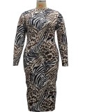 Plus Size Leopard Print Round Neck Fitted Long Dress