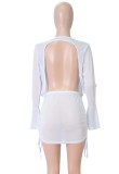 White See Through Long Sleeve Backless Crop Top and Mini Skirt Two Piece Set