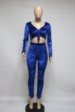 Blue Velvet Long Sleeve V-Neck Crop Top and Overlap Pants Two Piece Set