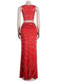 Red Rhinestone Vest Crop Top and Split Long Skirt Two Piece Set