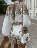 Retro Print Button Up Long Sleeves Blouse and Shorts Two Piece Set