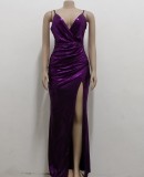Purple Shiny Ruched V-Neck Sleeveless Slit Long Evening Dress