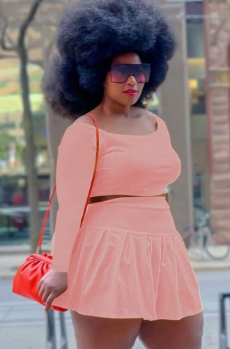 Plus Size Pink Long Sleeve Crop Top and Pleated Skirt Two Piece Set