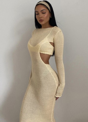 Beige Knitted Cut Out Fitted Long Dress and Bra 2PCS Set