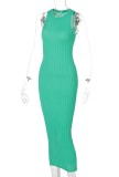 Green Kintted Sleeveless Fitted Long Dress