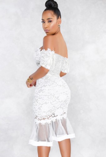 White Lace Off Shoulder Cut Out Midi Mermaid Dress