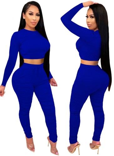 Blue Long Sleeves Round Neck Crop Top and Pants Two Piece Set