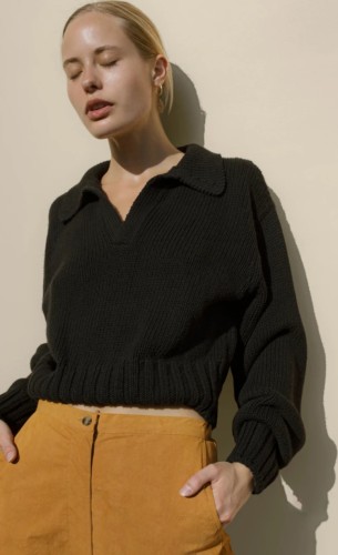 Black Turndown Collar Drop Shoulder V-Neck Sweater Top