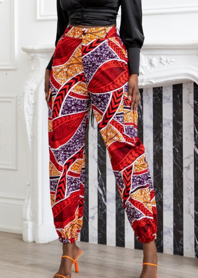 Retro Print Ankle Banded High Waist Pant