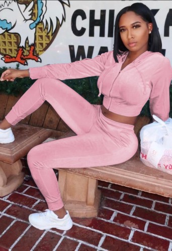 Pink Velvet Zipped Up Long Sleeve Hoody Crop Top and Pants Two Piece Set