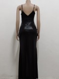 Black Shiny Ruched V-Neck Sleeveless Slit Long Evening Dress