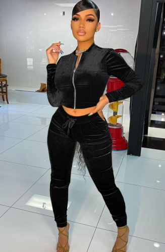 Black Velvet Zipped Up Long Sleeve Crop Top and Drawstring Pants Two Piece Set