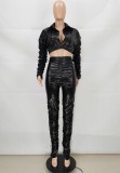 Black Leather Ruched Turndown Collar Crop Top and High Waist Pants Two Piece Set