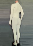 White Ribbed Button Up Long Sleeve Tight Jumpsuit with Thumb Hole