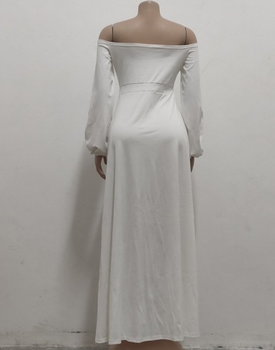 White Off Shoulder Keyhole High Slit Maxi Dress