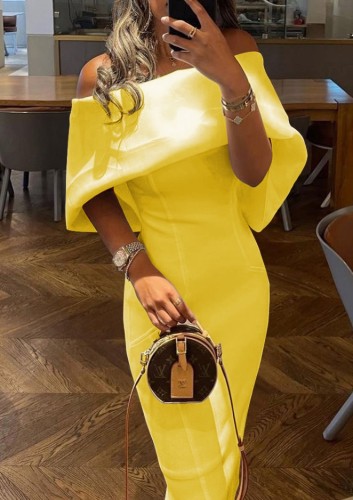 Trendy Yellow Off Shoulder Cape Sheath Long Dress