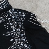 Black Beaded Fringe Pad Shoulder Long Sleeves Dress