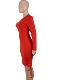 Red Long Sleeves O-Neck Drawstring Midi Dress