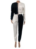 Contrast Color Lace Up Long Sleeves Top and Drawstring Pants Two Piece Set