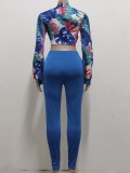 Floral Knotted Long Sleeve Crop Top and Blue Pant Two Piece Set