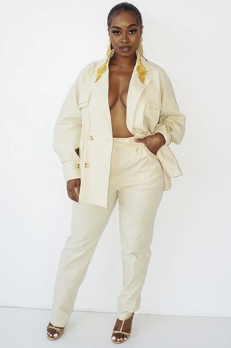 White Long Sleeve Turndown Collar Blazer and Pant Two Piece Set